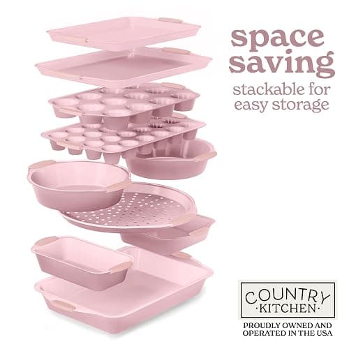 Country Kitchen Nonstick Stackable Bakeware Set - Heavy Duty, Durable, Easy Release Baking Set, Pink, 10 Pcs thumbnail 7
