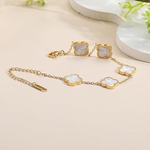 AIPPK 18K Gold Plated Clover Lucky Bracelet for Women White/Black/Red/Green Flower Four Leaf Link Bracelets Trendy Jewelry Gifts for Women thumbnail 4