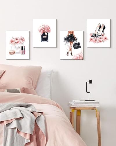 Drsoum Glam Fashion Makeup Room Decor Framed Pink Beauty Girly Elegantes Bathroom Wall Art Perfume Handbags High Heels Pictures Bedroom Dorm Decorations Ready to Hang 8x10inx4pcs (Framed) thumbnail 5