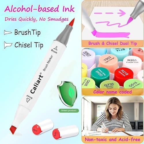 Caliart Alcohol Markers Brush Tip - 121 Colors Dual Tip Art Markers Set for Adult Coloring Books Artist Drawing Illustration Sketching, with Case Permanent Alcohol Based Colored Chisel & Brush Pens thumbnail 2