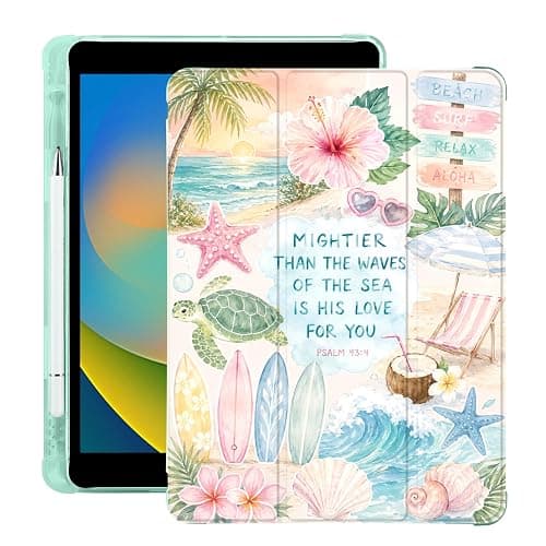 BlHMCASE Cute Turtle Flower Palm Tree Beach for iPad Air 13 Inch Case M3 2025/M2 2024 with Pencil Holder, Auto Sleep/Wake, Green Leather Soft TPU Back Cover - Image 1
