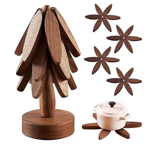 Wooden Tree Coasters, Trivets for Hot Dishes, Trivets for Hot Pots and Pans, Wooden Tree Trivet Set - 3 or 4 Wooden Trivet + 1 Stand, Christmas Coasters (Walnut,4pcs-A) - Image 1