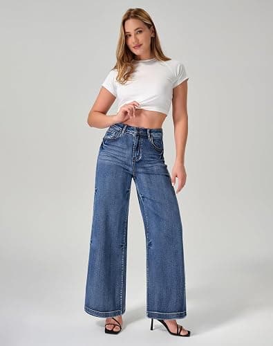 roswear Women's Wide Leg Jeans High Waisted Stretchy Denim Trouser Pants thumbnail 3