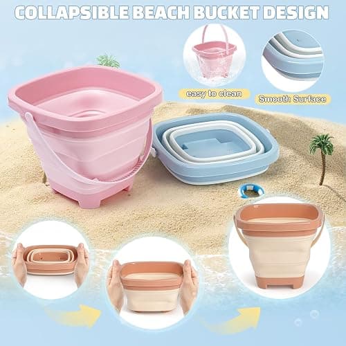 Dreamon Beach Toys Set for Kids 3-10, Collapsible Sand Buckets with Beach Molds and Mesh Bag, 3 Pack Shovels Set Sand Toys for Beach, Sandbox Travel Toys for Toddlers Kids thumbnail 4