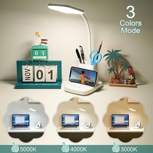 Sailstar Upgraded LED Desk Lamp with Wireless Charger, White Small Desk Light with Pen Holder, 3 Color Modes, CRI 85, 800 Lumen, Study Lamps for College Dorm Room, Home Office, Adapter Included thumbnail 4