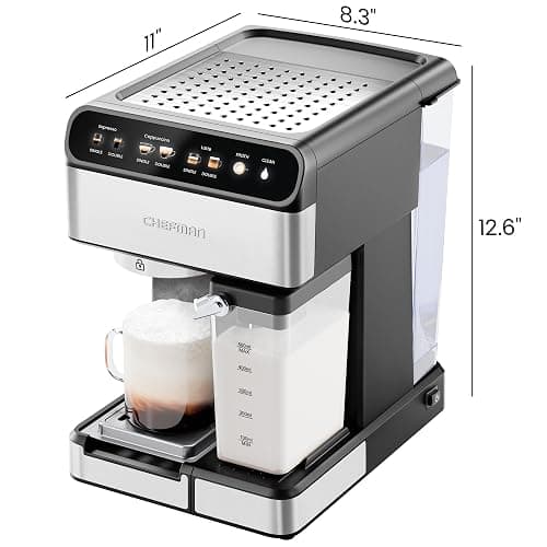 Chefman CaféMaster Pro Espresso Machine, Brew Single or Double Shots, Coffee Maker with Built-In Milk Frother for Cappuccino & Latte, XL 1.8 Liter Removable Water Reservoir - Stainless Steel thumbnail 2