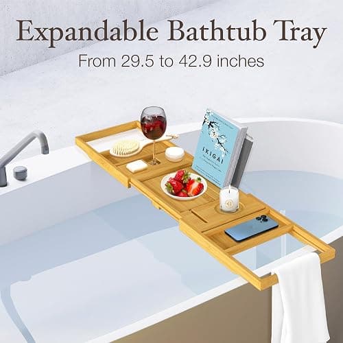 Bathtub Tray Caddy - Premium Bamboo Expandable Bath Tub Tray Table, Luxurious Wooden Bath Caddy for Books, Tablets, Wine, Bathroom Accessories, Spa Essentials, Housewarming, Wedding - Bamboo thumbnail 4