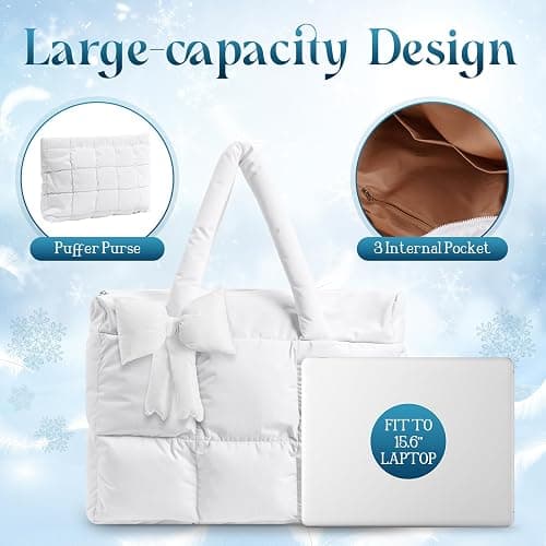 Abbylike Large Puffer Tote Bag for Women Quilted Puffy Handbag with Zipper Lightweight Satchel Purse Bow Gift for Christmas thumbnail 4