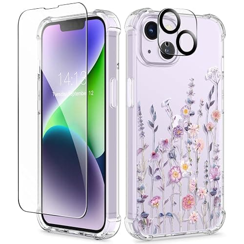 GVIEWIN for iPhone 14 Plus Case Floral, with Screen Protector+Camera Lens Protector,[Non Yellowing]Soft Shockproof Clear Phone Protective Cover Women, Flower Pattern Design 6.7"(Floratopia/Colorful) - Image 1