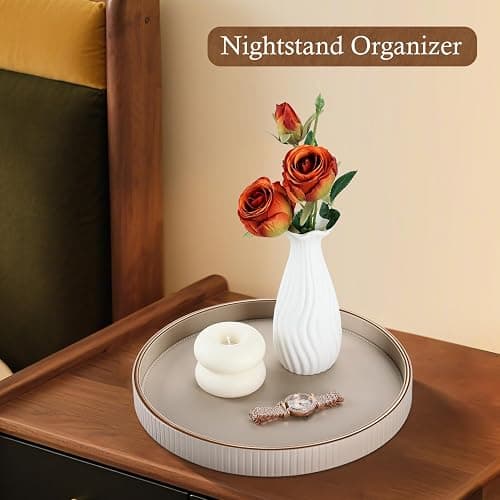 GORESE 12" Round Decorative Tray for Coffee Table, PU Leather Compact Serving Tray for Home Decor & Everyday Accents, Modern Nightstand Tray for Jewelry & Perfume, Beige thumbnail 6