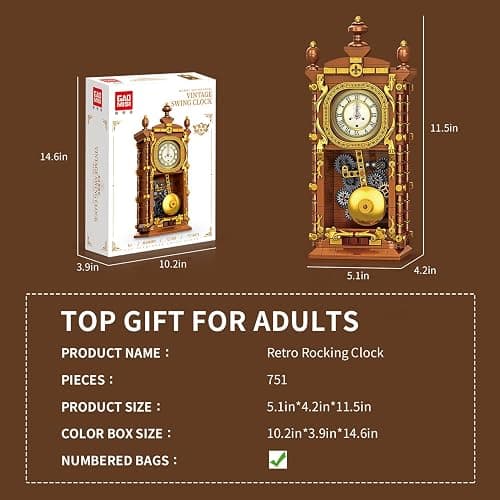 Vintage Swing Clock Building Blocks Set – 751 PCS Real Working Mechanical Clock with Alarm, Moving Pendulum & Rotating Dial, Retro Steampunk Decor Gift for Adults & Teens, Compatible with Lego Sets thumbnail 3