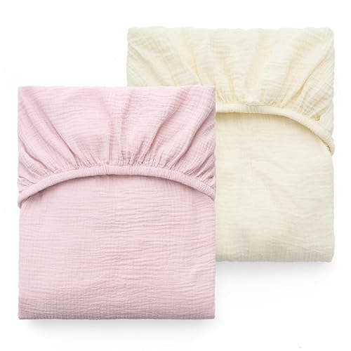 Momcozy Crib Sheets 52"x28", 2 Pack Muslin Crib Sheets for Baby Nursery | Soft Breathable Cotton Crib Sheets Girl Boys, 360° Mattress Wrapping No Slip Baby Neutral Toddler Bed Sheet, Beige Blush - Image 1