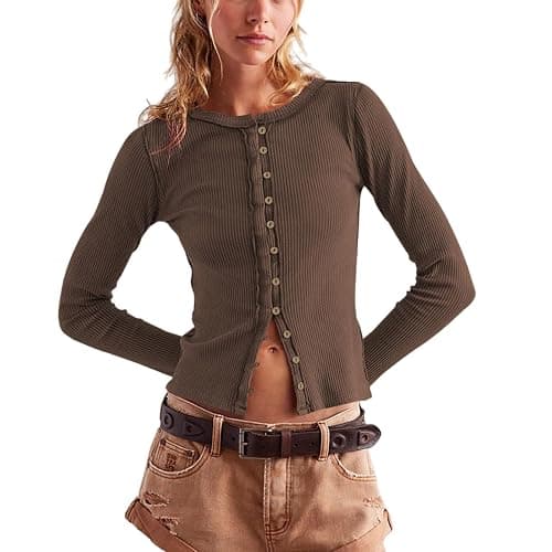 Womens Lightweight Fitted Sweaters Crew Neck Long Sleeve Button Down Ribbed Knit Cardigan - Image 1