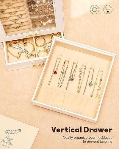 Homde Jewelry Organizer Girls Women Jewelry Box for Necklaces Rings Earrings Gift Bracelets Storage Case (White + Gold) - White + Gold thumbnail 9