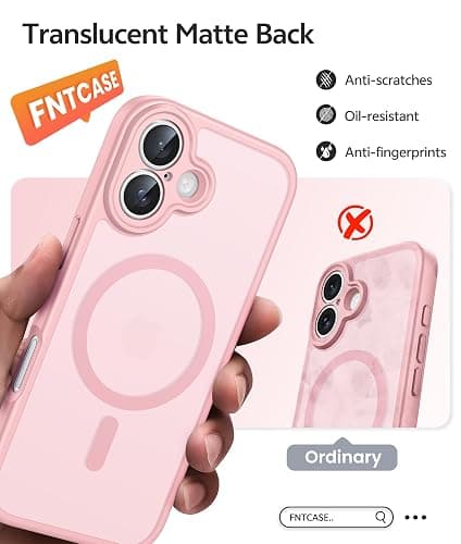 FNTCASE for iPhone 16 Case: [Compatible with Magsafe] Translucent Matte Cases with [Full Camera Protection] [Screen Protector] Military Grade Shockproof Protective Phone Cover - Light Pink thumbnail 6