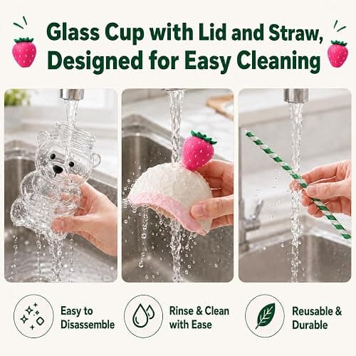 SummerWins Glass Bear Cup With Straw, Leak Lid & 2 Hats for Coffee & Shakes | Cute Bear Cup With Straw, 20 oz Clear Glass Cup With Secure Lid & 2 Replaceable Hats for Gifts, Parties & Daily Use thumbnail 6