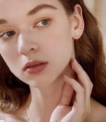 Lunvky 3 Pairs 14K Gold Plated Stud Earring Sets for Women Dainty 925 Sterling Silver Earrings for Multiple Piercing Tiny Cartilage Tragus Cute Trendy Post Earrings Stacks Jewelry Gifts thumbnail 2