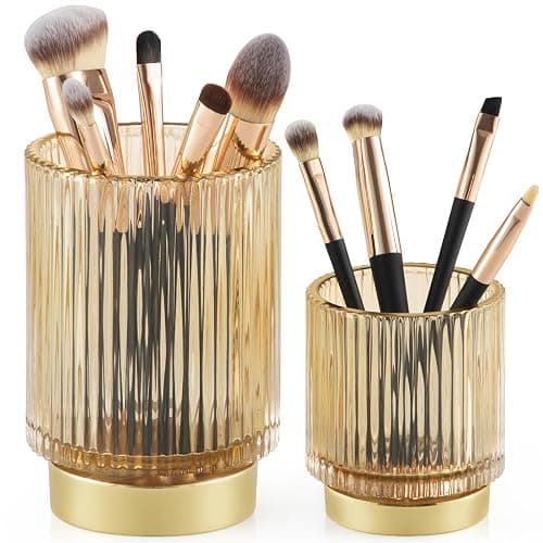 CANITORON Makeup Brush Holder,2 Pack Glass Makeup Brush Holder Organizer Store Cosmetic Tools,Eyeliner,Storage Organizer for Vanity,Bathroom and Bedroom Countertop Storage.(Amber S+L) - Image 1