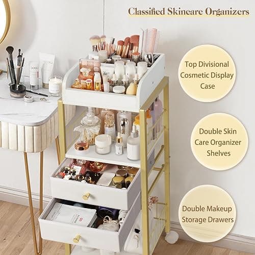 Makeup Organizer, Floor Skincare Organizers Make Up Organizers and Storage with Drawers, Vanity Organizer Cosmetics Display Cases Holder for Skin Care Nail Polish Perfume Gold thumbnail 3