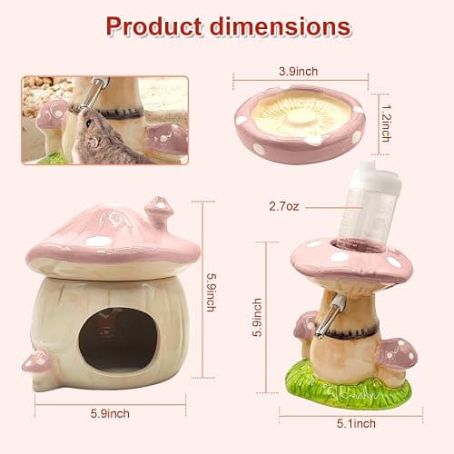 BELEATAL Mushroom Ceramic Hamster Hideout, Water Bottle with Stand, Food Bowl, Hamster Accessories (Pink) thumbnail 6