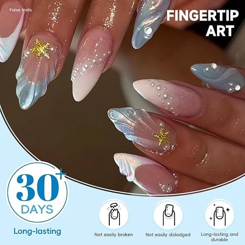 HOSAILY 3D Summer Beach Press on Nails Medium Almond, Blue White Ombre Shell Star Pearl Designs Semi-Handmade Full Cover Stick on Nails Gift for Women, 24Pcs Glossy Reusable Fake False Nails with Glue thumbnail 3