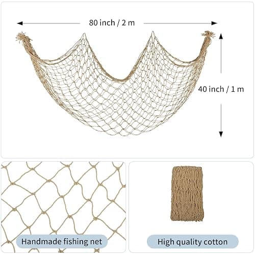 Patioland Decorative Fishing Net 80x40 Inch,Large Fish Nets Party,Caramel | Picture Fish Net,Photo Hanging Fishnet for Nautical Pirate Ocean Themed Hawaii Beach Under The Sea Halloween Party Decoration thumbnail 2