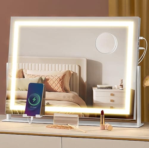 SONGMICS Schminkspiegel mit Beleuchtung, 58 x 43 cm, Kosmetikspiegel mit 15 LED-Glühbirnen, mit Ladeanschlüssen, Touch-Steuerung, 3 Lichtfarben, dimmbar, Handyhalter, mattweiß LWM002W02 - Image 1