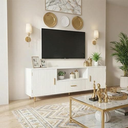 DIYART Modern Fluted TV Stand for 55/60/65 Inch TV, 57" Entertainment Center Media Console Table with Drawer & Storage Cabinets, Ribbed Design TV Cabinet Credenza for Living Room, White thumbnail 9