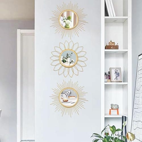 3 Pack Metal Mirrors for Wall Sunburst Wall Mirrors Home Décor Decorative Hanging Wall Art for Living Room Bedroom Entryway (Gold, Flower+Sunburst) thumbnail 4