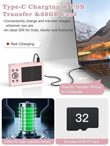 Upgrade Digital Camera, 56MP FHD 1080P for Kids with 16x Zoom Anti Shake, 32GB TF Card, Two Batteries, Lanyard, Compact Small for Boys Girls （Pink） thumbnail 4