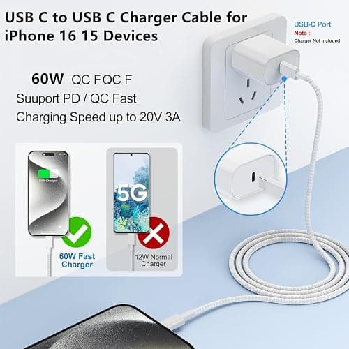 USB C to C Charger Cable 6ft, 60W Type C to C Fast Charging Cable Cord Long for Apple iPhone 17 Pro Max/17 Air/16 Pro Max/16 Pro/15 Plus/15 Pro Max/MacBook 2021/2020/2019,iPad Pro/Mini/Samsung Galaxy thumbnail 5