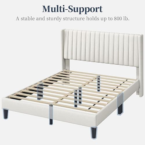 Yaheetech Queen Bed Frame Upholstered Platform Bed with Fabric Headboard, Wing Edge Design/Non-Slip and Noise-Free/Wooden Slats Support/No Box Spring Needed/Easy Assembly, Beige Queen Bed thumbnail 7