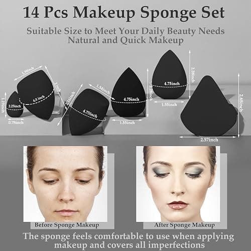 14 Pcs Makeup Sponge Set, Beauty Sponges Blender with 4 Pcs Powder Puff and 4 Pcs Mini Make up Sponges for Liquid,Foundation,Powder,Concealer,Cream (Black) thumbnail 3