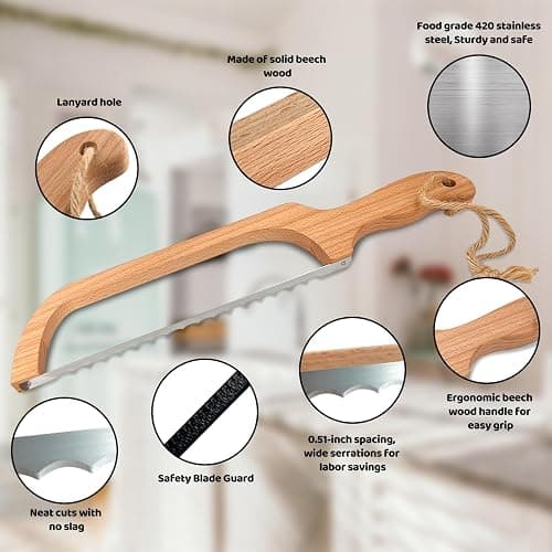 ROYOROYI Bread Slicer for Homemade Bread,16" Wooden Sourdough Bread knife with Bow Design,Premium Stainless Steel Serrated Saw Bread cutter for Bagels, Baguettes and More thumbnail 4
