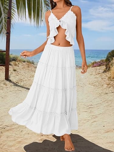 Trendy Queen Long Skirts for Women Boho Maxi Skirt Winter Swing Tiered A-Line Elastic High Waist Dress with Pockets Fashion thumbnail 5