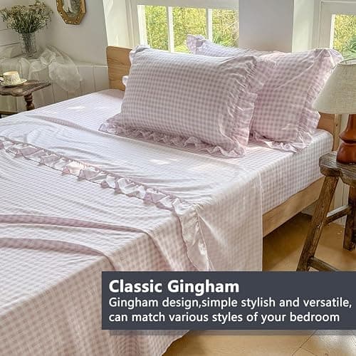 NSNLGSGC Pink Gingham Ruffle Queen Sheet Set, Pink Soft Pre-Washed Microfiber Plaid Queen Bed Sheets, 4-Pieces Farmhouse Sheet Set with Deep Pocket thumbnail 3