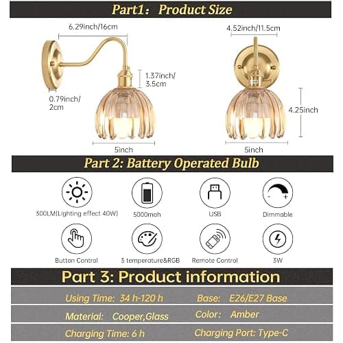 Shenmoyl Vintage Battery Operated Wall Sconce Set of 2, 5000mAh Rechargeable Wall Light, Indoor Battery Powered Wall Lamp for Bedside Bedroom Living Room, Tulip Amber thumbnail 8