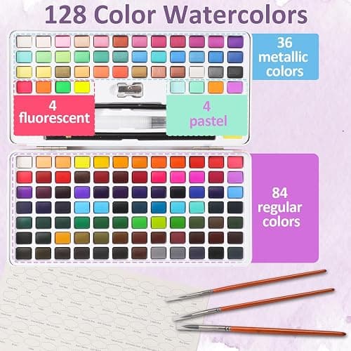 Caliart 128 Colors Watercolor Paint Set, Portable Art Supplies Palette Kit | Water Color Paints with Detail Paintbrush, Art Coloring Painting Gifts for Adults Professionals Beginners Artists thumbnail 4