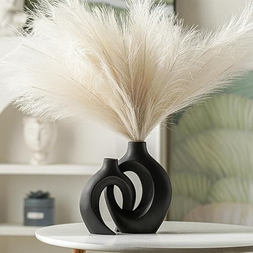 Lvases Snuggle Hollow Modern Ceramic Vase Set of 2, Mid Century Nordic Aesthetic Decorative Vase Decorative Vases for Home Table Decor (Matte Black W 6.3" X H 8.4") - Large Matte Black thumbnail 4