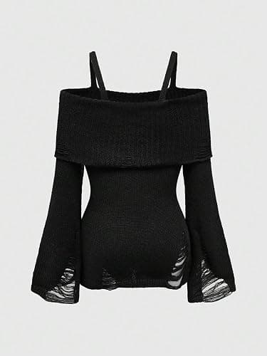 SOLY HUX Women's Cold Shoulder Ripped Sweater Goth Punk Long Sleeve Fitted Jumper Pullovers thumbnail 4