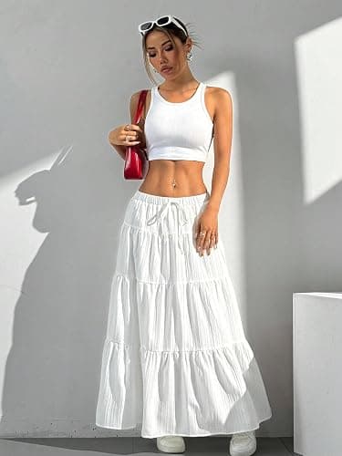 Xuani Maxi Skirt for Women Long Boho Flowy Ruffle Elastic High Waist | Flared, A Line, Decorative Front Tie, Tiered Layer Versatile, Lining, Casual Summer Beach Vacation Outfits, 2026 Spring Fall thumbnail 6