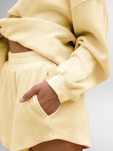 KCVVA Women Waffle Knit Lounge Set 2 Piece Oversized Long Sleeve Sweatshirt and High Waisted Shorts Outfit thumbnail 5