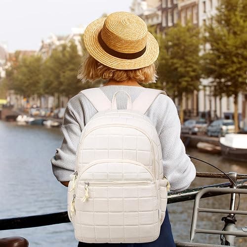 kadilong Laptop Backpack for Women College Travel,Quilted Daypack Bookbag for School Teen Girls Mochilas Mujer,Beige thumbnail 7