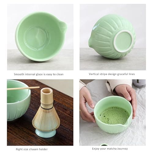 TANG PIN Matcha Set - Match Bowl with Spout and Whisk, 15 OZ, Matcha Scoop | Matcha Whisk Stand (Chasen Holder) - 4pc Perfect Matcha Kit for Matcha Tea Ceremony (Green) - Green thumbnail 4