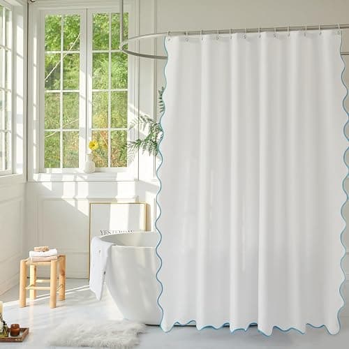youngseahome White Fabric with Aqua Scalloped Border Shower Curtain,Boho Chic Cloth Shower Curtain for Bathroom Showers,36 x 72 Inches - Aqua Edge - 36"W×72"H thumbnail 4