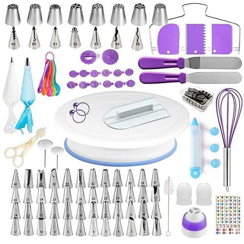 Torten Zubehör Set, 137-teiliges, mit Drehteller Tortenplatte Drehbar, Edelstahl und PP-Material, Lnklusive Kuchenschaber, Spritztüllen Set Cake Decorating Turntable für Anfänger und Profis(Lila) - Image 1