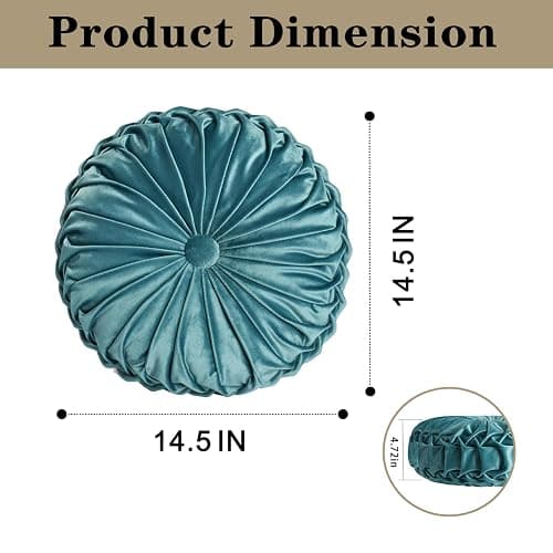 HIG Set of 2 Teal Ruched Velvet Round Throw Pillows – 14.5’’ Decorative Pillows with Soft Polyester Filling for Couch, Bed, Living Room, Bedroom, or Dorm – Handmade, Stress Relieving, All-Season thumbnail 3