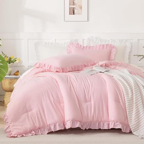 Andency Pink Comforter Set Full, 3 Pieces Lightweight Soft Rustic Pink Ruffle Comforter Women Girls, Solid Farmhouse Shabby Chic Microfiber Bedding Comforter Set thumbnail 7