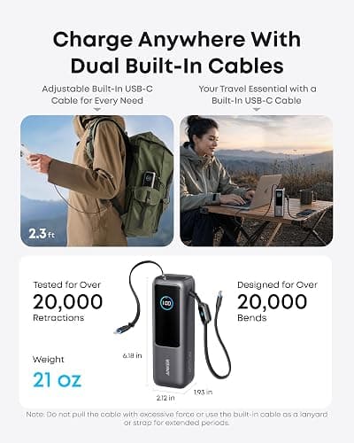Anker Power Bank, 25,000mAh Travel Essential with 165W Total Output | 3 USB-C Ports with 100W Max Each, Built-In Retractable Cables, Flight-Ready, for iPhone 17 Series, MacBook, and More thumbnail 3