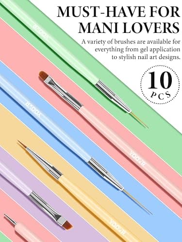 YOOVR 10 Pcs Nail Art Brushes Set, Nail Dotting Tools, French Tip Tool, Nail Art Deign Tools with Builder Gel Brush Polish Extension Brush Thin Liner Detail Painting Brushes, Nail Tech Supplies Kit thumbnail 2